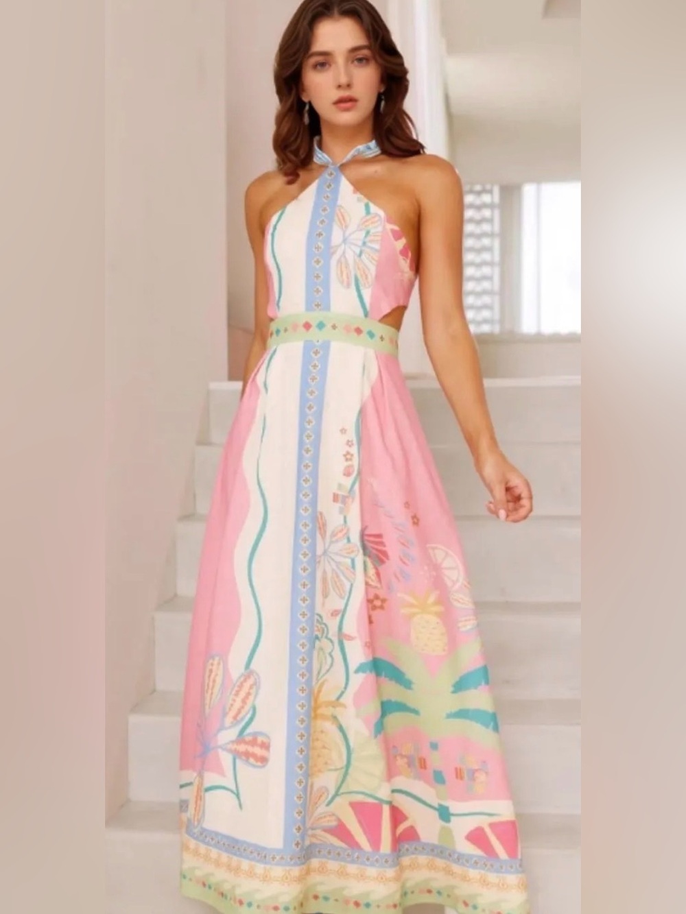 NEW Sunday Update size large Pink Multi-Print Halter Maxi Dress